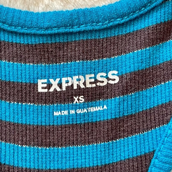 EXPRESS MINI STRIPED RACERBACK TANK DRESS, GREY-BROWN/TEAL, Sz XS. - Picture 3 of 4